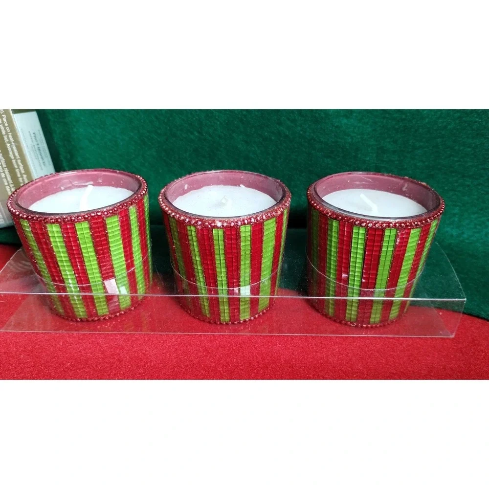 Pier 1 Imports Christmas Red & Green Mosaic Stripes Beaded Edge Votive Candles